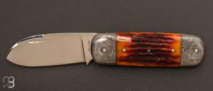 "Bulldog" custom pocket knife by Erwan Pincemin -  Jigged bone and damask bolsters 