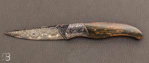 Custom folding knife by Zaza Revishvili - Mammoth ivory and damascus