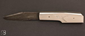 "Falcon scene" secret folding knife by Eric Depeyre - Stainless steel and Vally damascus blade