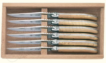 6 olive wood guilloché Laguiole table knives set REF HB_6885