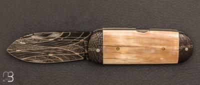 "Buldog" folding knife in mammoth ivory and damascus blade by Robert Eggerling by Eric Depeyre