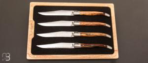Box of 4 LAGUIOLE table knives by Laguiole en Aubrac - Aubrac wood and Japanese damascus blade