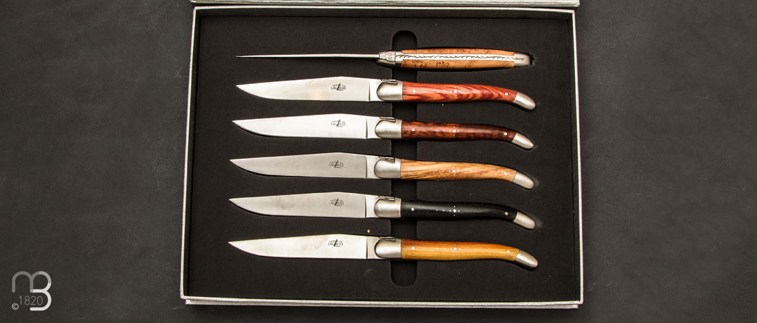 Set of 6 LAGUIOLE table knives with assorted wood handles by Forge de Laguiole