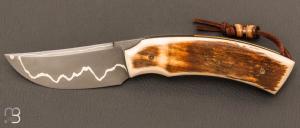"1310" liner lock custom knife by SMZ Flames de forge - Mammoth ivory crust and sandwich damascus blade
