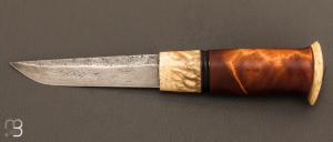  Couteau " Tarraq " custom Nordique de Laurent Juhel - Loupe de Bouleau et lame damas de Samuel Lurquin