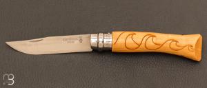   Couteau Opinel N7 gravure vagues - Manche en buis