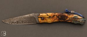 Couteau "  Ptidarno " custom à pompe arrière de Philippe Ricard - Hêtre teinté stabilisé et lame damas