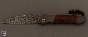   Couteau "Balrog L" liner-lock par Florian Keller - Loupe bois de fer/Zirconium et damas mosaque