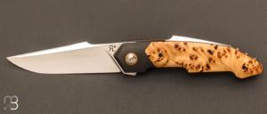   Couteau  " Liner-Lock " custom par Romain Lopez - Loupe de cèdre jaune et lame en RWL-34