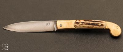  Couteau custom de poche  cran carr de Pierre Henri Monnet - Laiton et bois de cerf