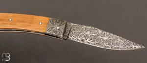    Couteau " Slipjoint " custom par Alain Conesa - Acier & Cuir - Ivoire de mammouth et lame damas