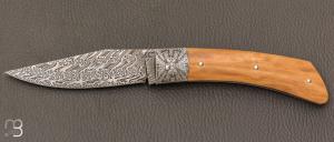    Couteau " Slipjoint " custom par Alain Conesa - Acier & Cuir - Ivoire de mammouth et lame damas