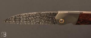   Couteau "Balrog L" liner-lock par Florian Keller - Loupe bois de fer/Zirconium et damas mosaïque