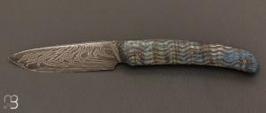 Emberiza Liner-Lock custom knife by Olivier Lamy - Skua Coutellerie - Stained and stabilized Japanese ash and damascus
