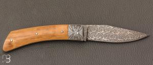    Couteau " Slipjoint " custom par Alain Conesa - Acier & Cuir - Ivoire de mammouth et lame damas