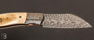    Couteau  "  Wharncliffe  " custom pliant par Milan Mozolic - Ivoire de mammouth et damas plume