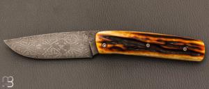    Couteau  "  Kork " custom de Michel Grini - Amber stag et lame damas de Sylvain Dixneuf