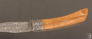    Couteau " Slipjoint " custom par Alain Conesa - Acier & Cuir - Ivoire de mammouth et lame damas