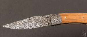    Couteau " Slipjoint " custom par Alain Conesa - Acier & Cuir - Ivoire de mammouth et lame damas