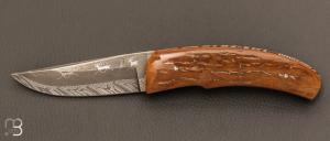Couteau " liner-lock custom " de Alain & Joris Chomilier - ivoire de mastodonte et damas Mattias Styrefors